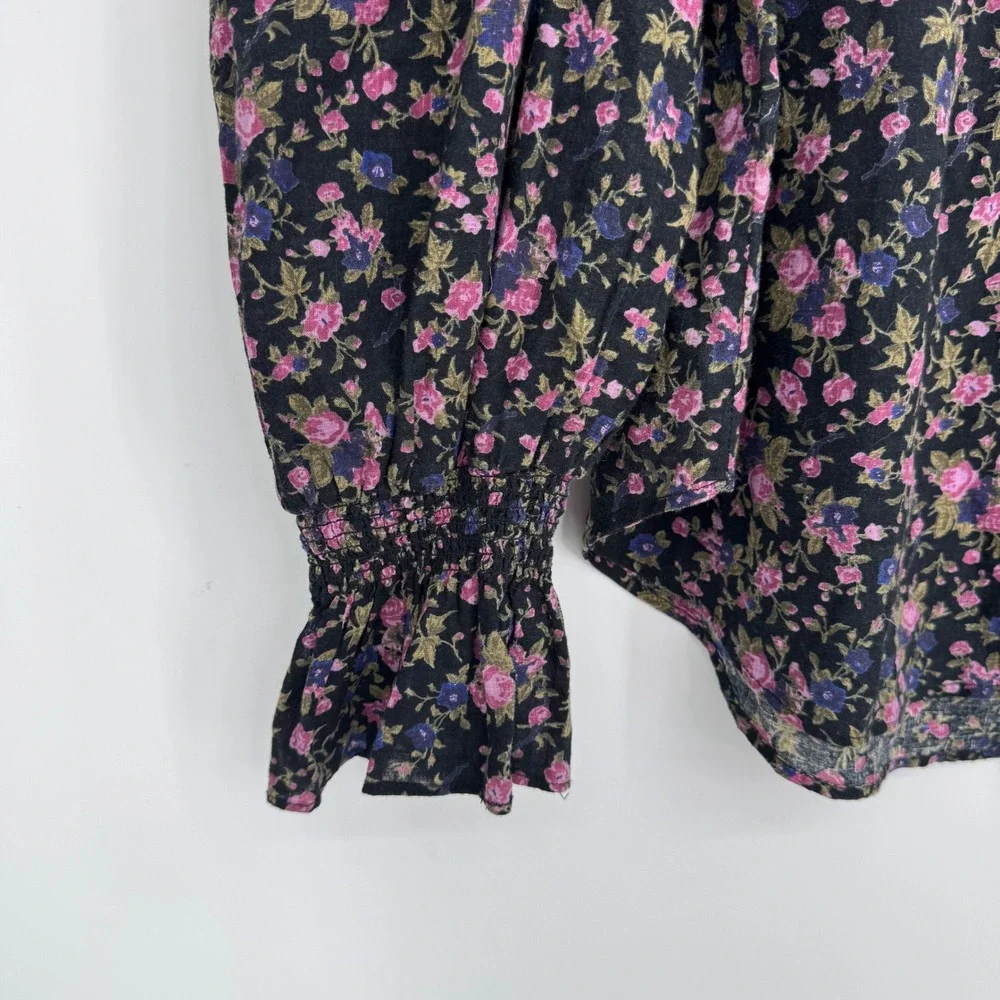 Free People Meant to Be Blouse Medium Black Floral Boho Romantic Puff Sleeve Top